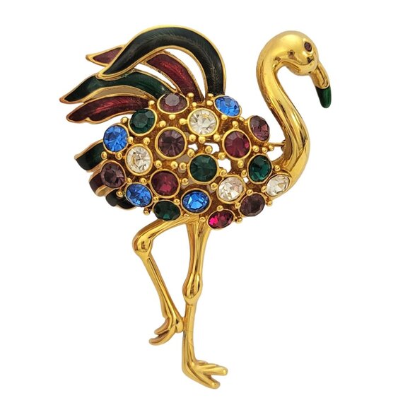 Trifari Red Green Enamel Multi Color Rhinestone Flamingo Brooch, Signed K51
